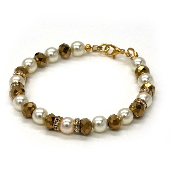Bracelet Gold Crystals Rhinestones Pearls Gold Lobster Clasp - Picture 1 of 1